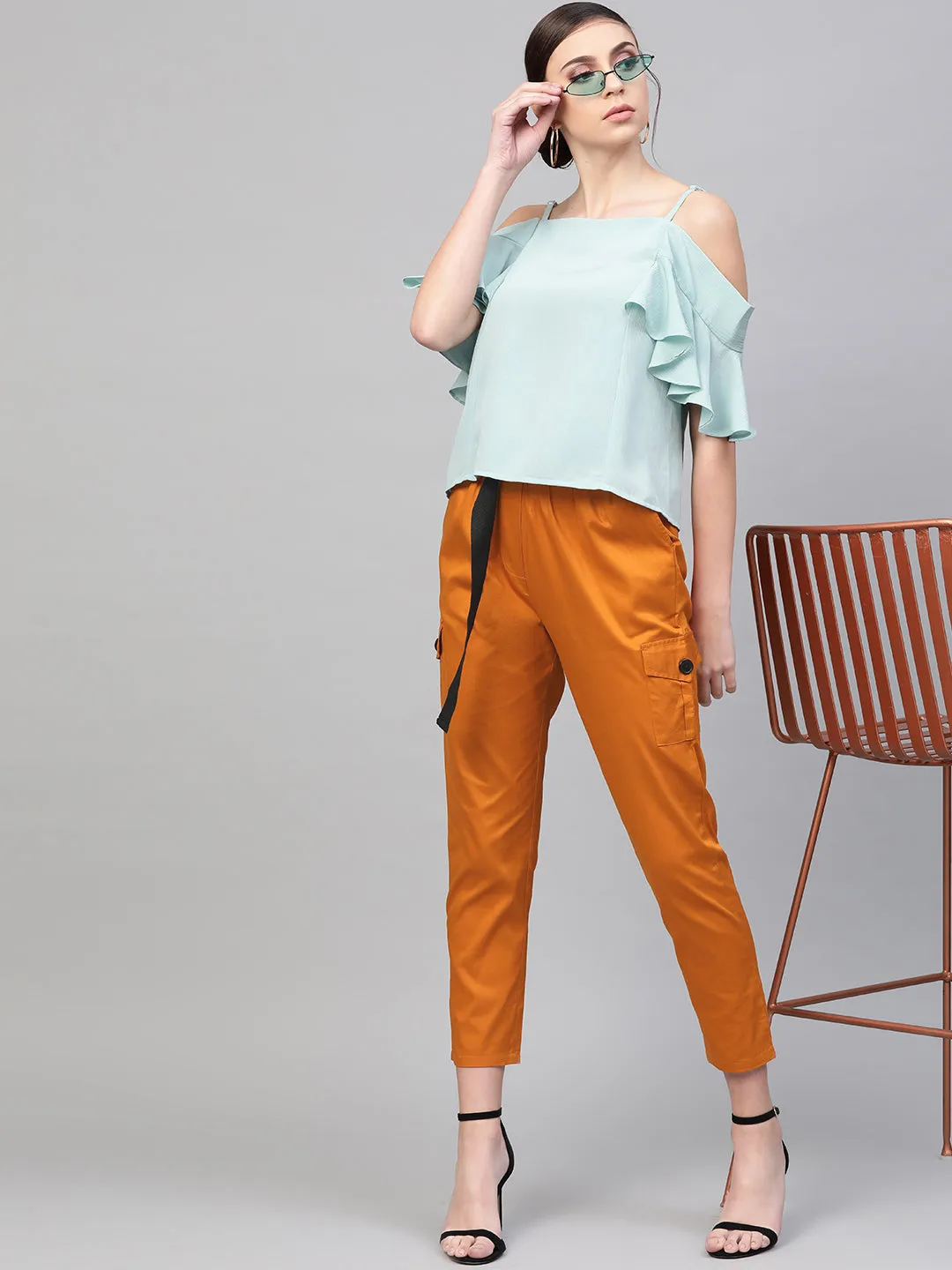Women Orange Tapered Belted Pants