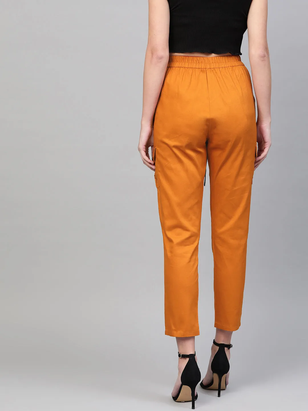Women Orange Tapered Belted Pants