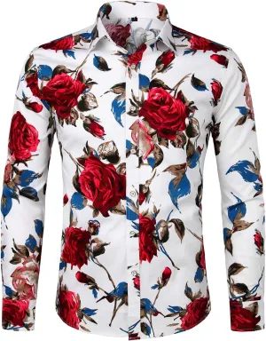ZEROYAA Men's Floral Slim Fit Long Sleeve Cotton Casual Button Down Dress Shirt